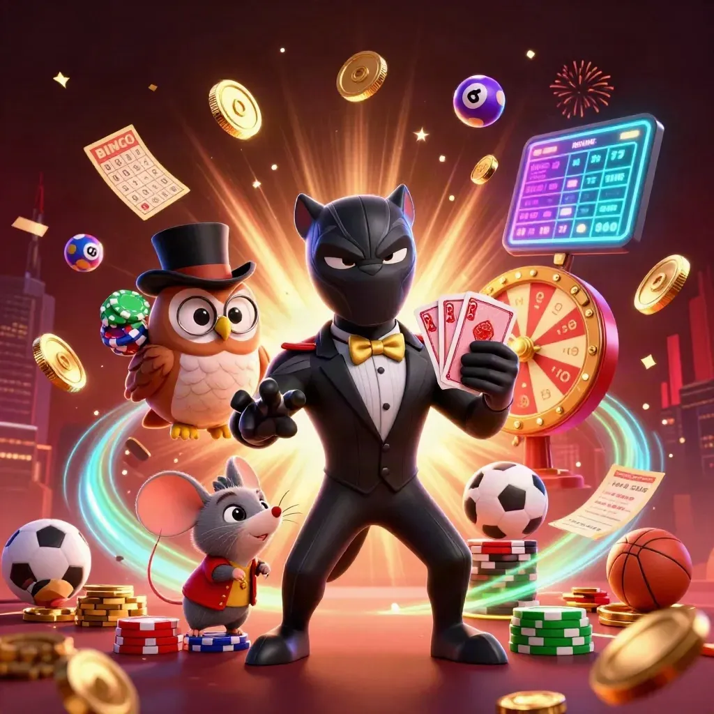 Panther, owl and mouse amid coins, fireworks, balls and chips in neon casino chaos.