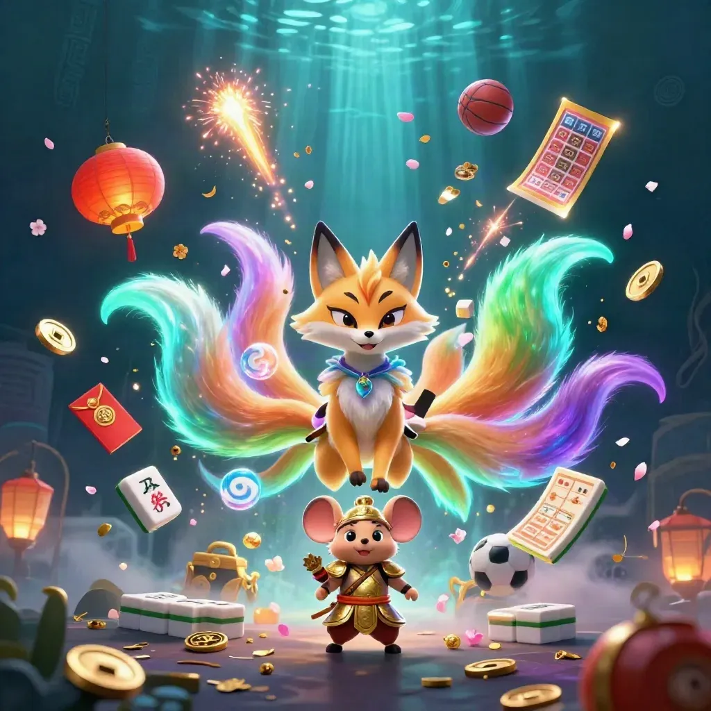 Fox spirit and samurai mouse amid exploding coins, lanterns, tiles, and neon casino effects.