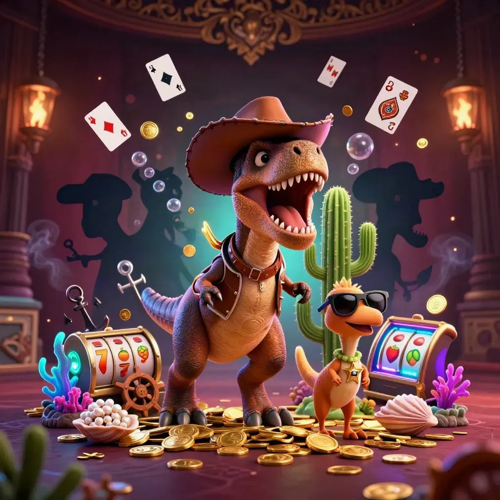 Cowboy T-Rex trio amid neon casino treasure, coral, cards, reels, and ember-lit bokeh