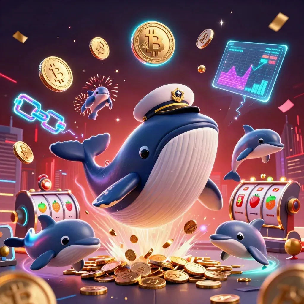 Whale captain, narwhal and dolphins erupt through coins with neon casino effects
