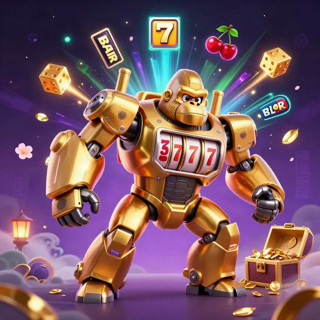 Golden gorilla slot-mech with monkey pilot, jackpot burst, neon purple-cyan casino energy