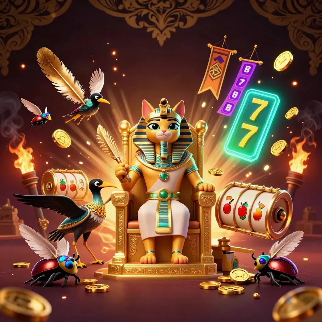 Pharaoh cat on throne with ibis scribe, scarabs, reels, temple gate, and neon casino effects.