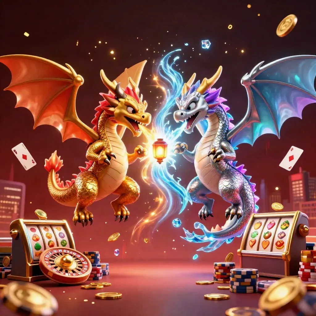 Gold and silver dragons spiral around casino icons in a dark neon splash screen.