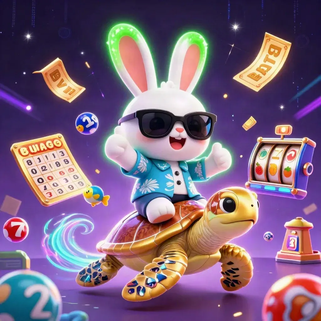 Lucky rabbit on a golden sea turtle amid neon reels, balls, prize wheel, and casino glow
