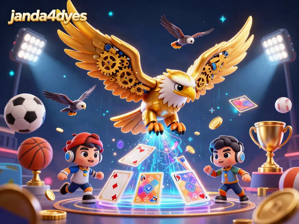 Gambarkan aksi seru di dunia judi dengan janda4dyes, elang emas cybernetic dan bola olahraga.