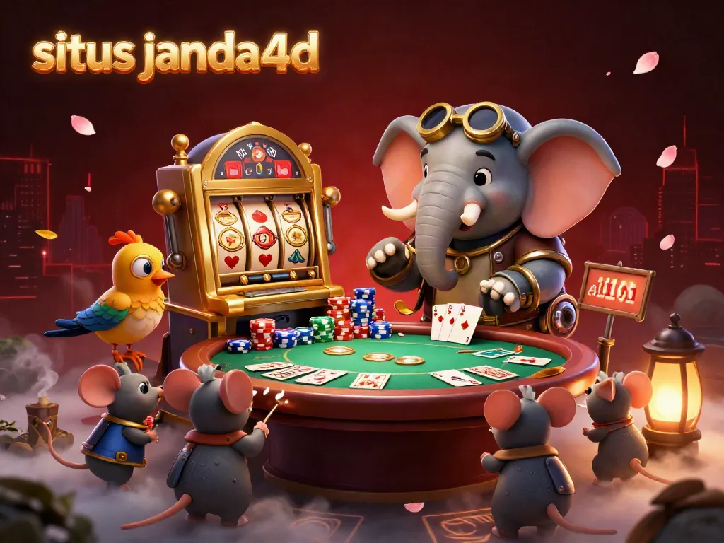 Ilustrasi digital 3D menampilkan situs janda4d dengan karakter steampunk dalam suasana kasino.