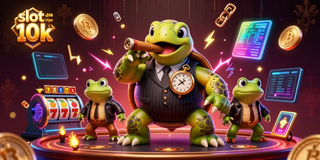 Slot depo 10k dalam ilustrasi 3D kartun dengan kura-kura dan penegak hukum yang mengelilingi simbol slot.