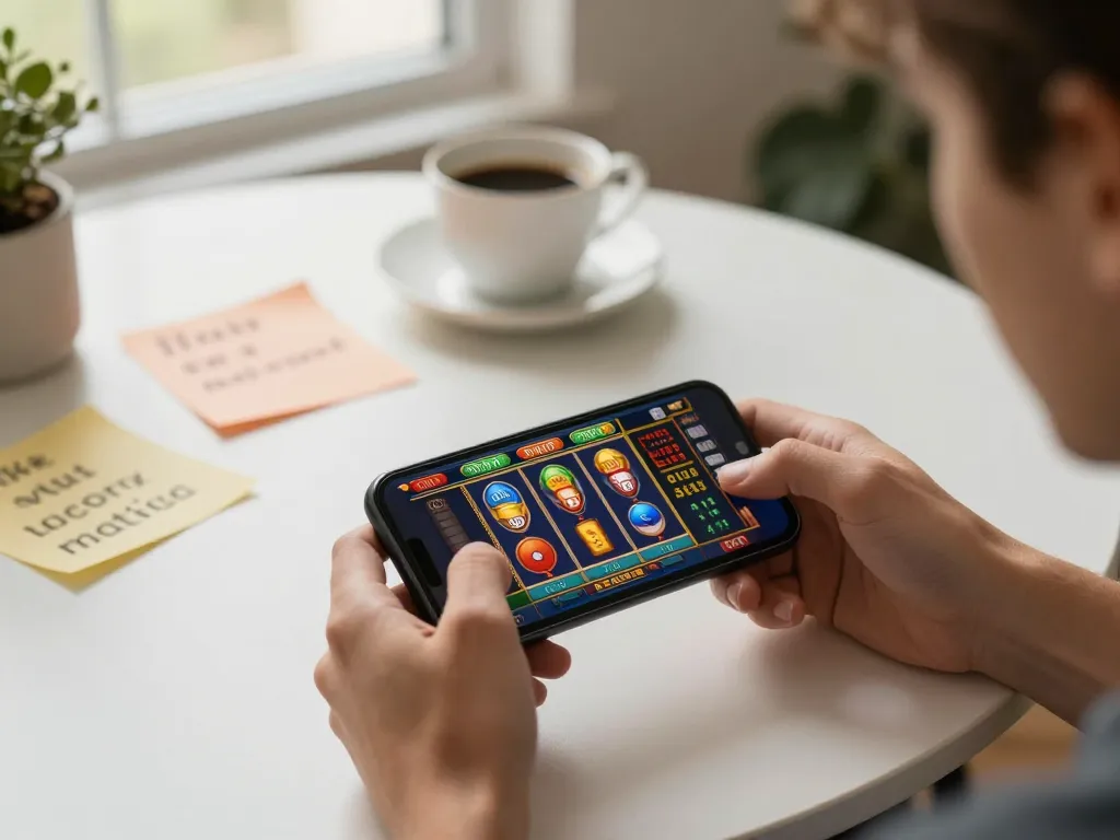 Player enjoying mobile casino gaming on smartphone with cm88 app interface visible and betting notes around