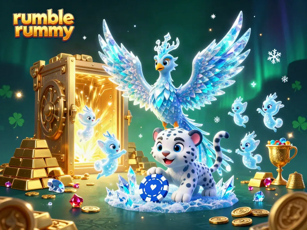 Experience the excitement of rumble rummy, featuring a vibrant scene with dynamic characters and dazzling treasures.