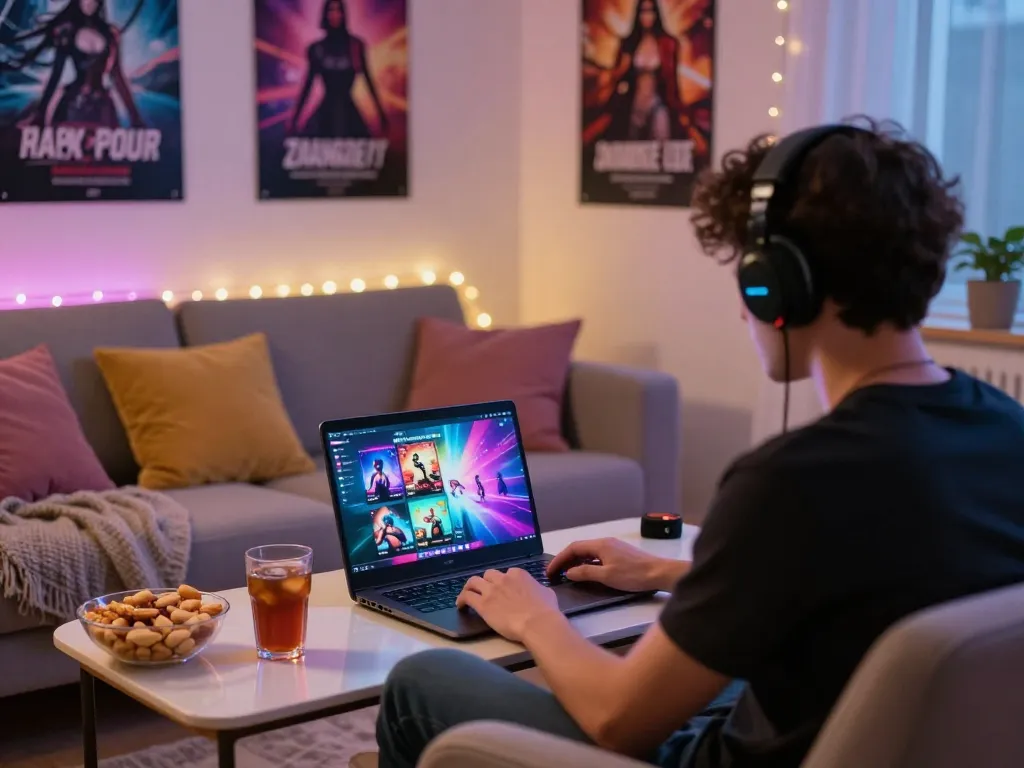 Engaging scene of a player enjoying sex games on a laptop in a cozy living room atmosphere.
