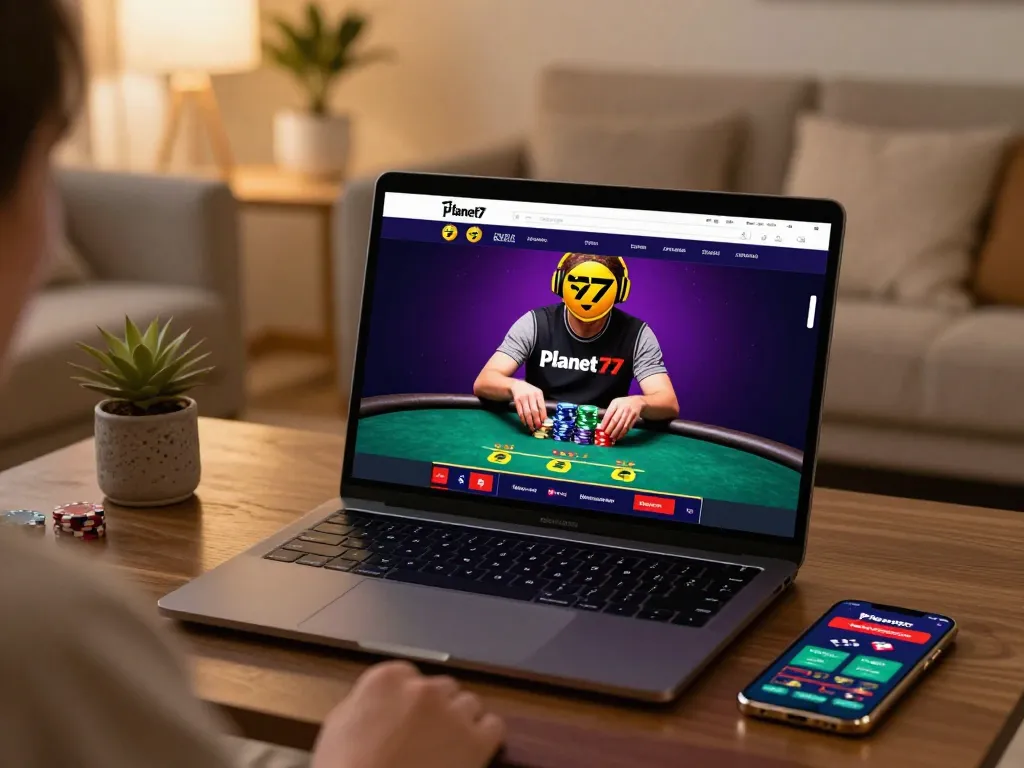 Pemain menikmati permainan poker di casino online Planet77 dari rumah, menampilkan permainan interaktif
