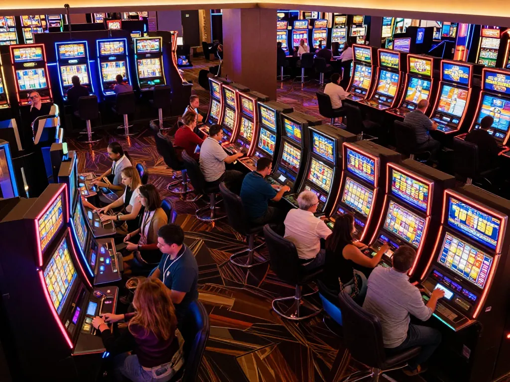 Players enjoying exciting slot games in a colorful casino area with vibrant lights