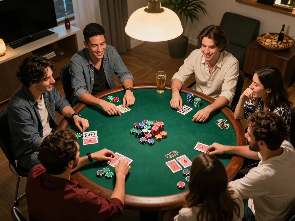 SUNWIN poker night with friends enjoying friendly competition and strategic gameplay at home.