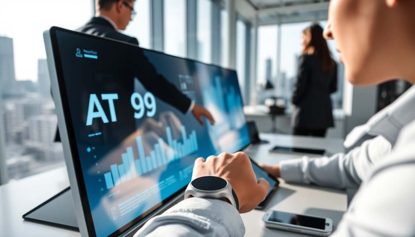 Engaging professional using AT99 technology interface in a modern office setting.