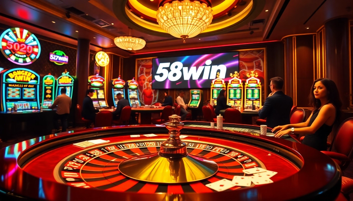 Excited gamblers at the 58win casino experience vibrant roulette and slot machines.