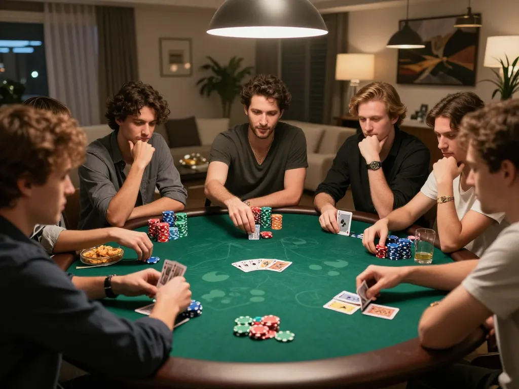 Engaged players strategizing during a poker game at home, showcasing a competitive spirit at https://rr88co.net/.