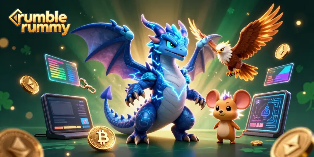 Experience the excitement of rumble rummy in this dynamic 3D digital illustration featuring powerful gaming characters and cartoon elements.