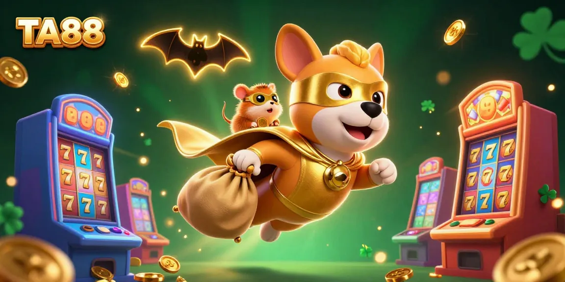 Experience the thrill of winning with TA88 featuring a superhero dog amidst colorful slot machines.