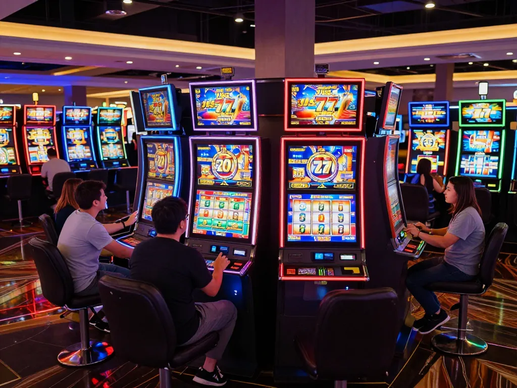Players enjoy engaging slot games at jus77 in a colorful casino atmosphere.