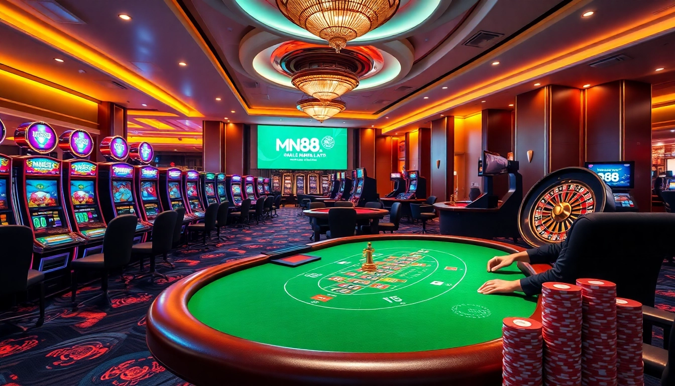 Intense players at mn88.ltd's blackjack table with vibrant casino elements.