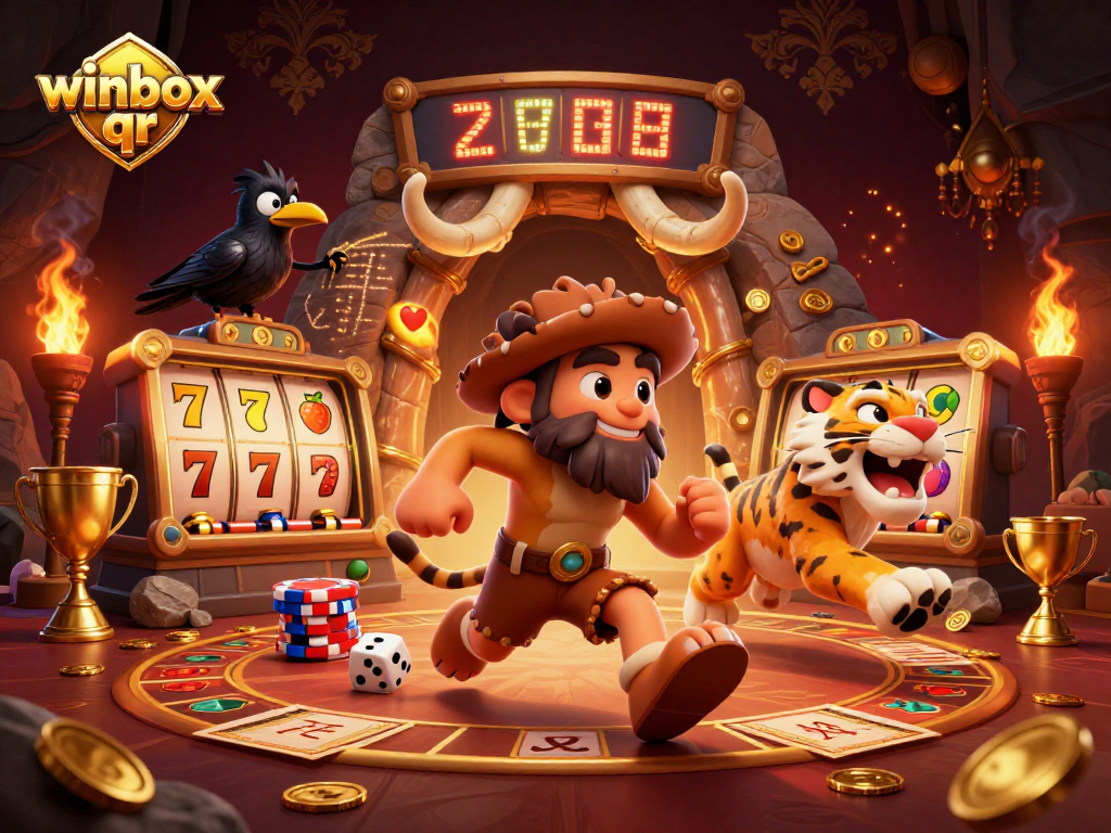 Experience gaming excitement with winbox qr in this vibrant prehistoric casino scene.