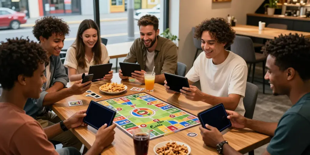 Friends enjoying Rumble Rummy game on smartphones, showcasing diverse environments and vibrant atmosphere.