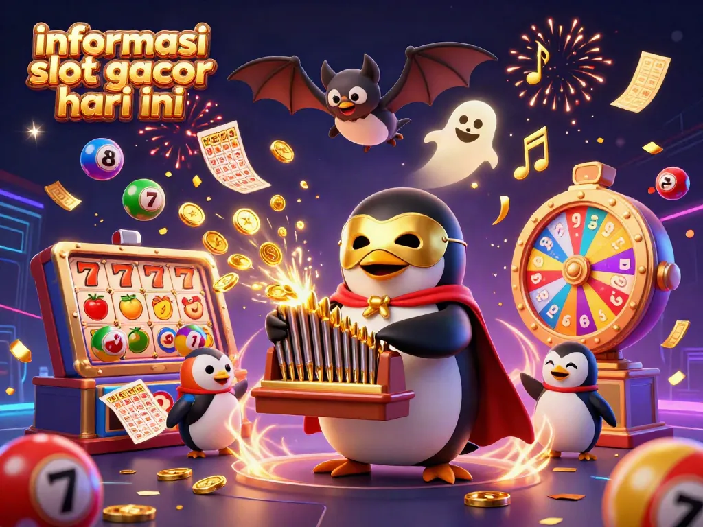 Ilustrasi 3D informasi slot gacor hari ini dengan penguin opera bermain organ dan koin emas tertembak keluar.