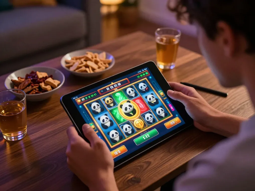 Permainan slot Panda Win online di tablet dengan grafik yang penuh warna, menciptakan suasana permainan yang nyaman