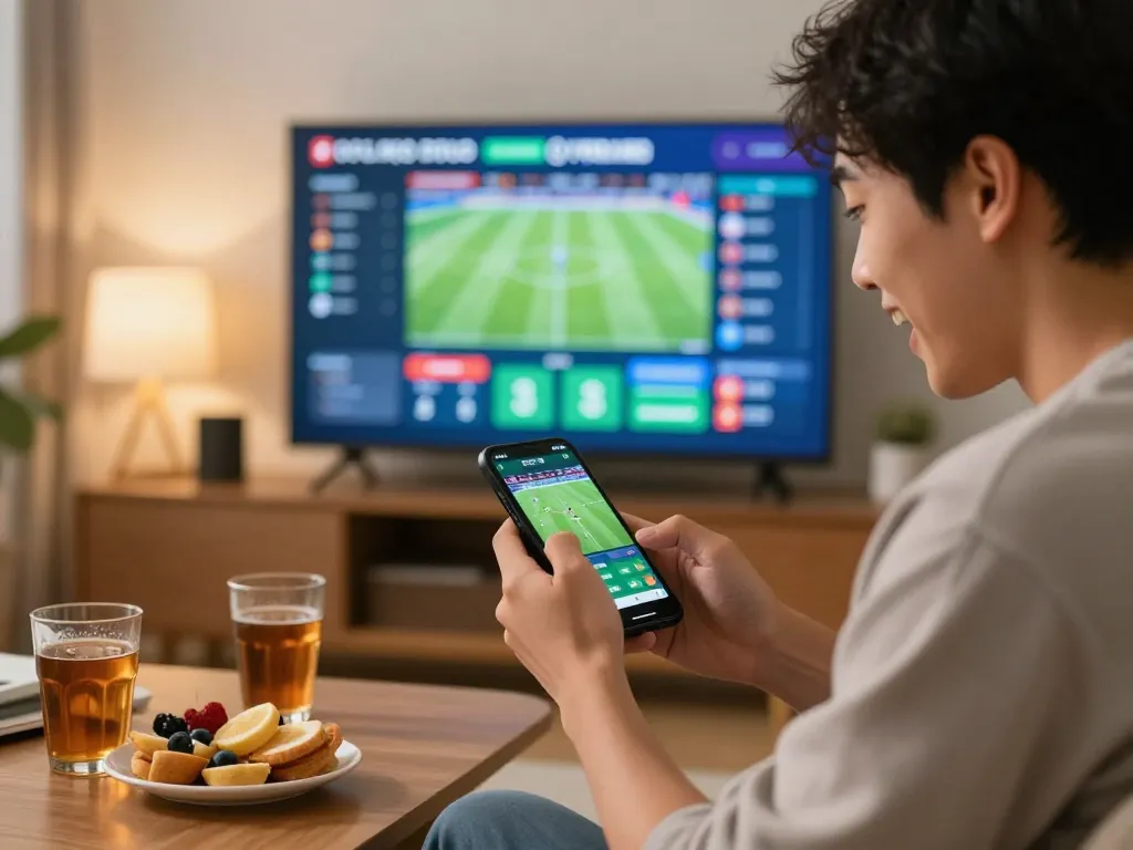 Engaged user checking tỷ lệ kèo bóng đá trực tuyến on a smartphone during live sports event, showcasing interactive betting atmosphere.