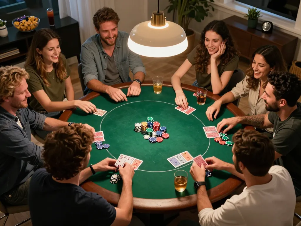 Players enjoying a lively poker night at home, exemplifying a vibrant social atmosphere with xo88