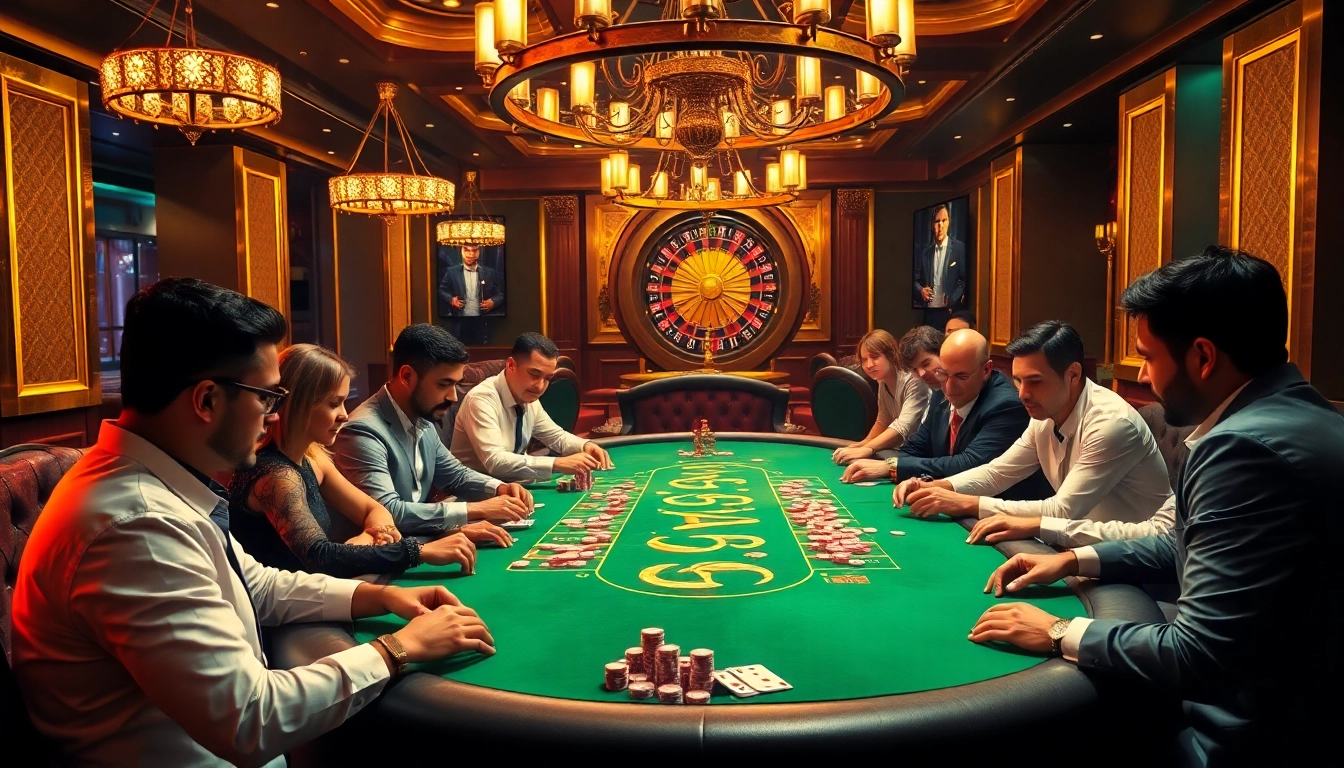 Players at a GO8-themed poker table enjoying an adrenaline-filled gambling experience with vibrant atmosphere.