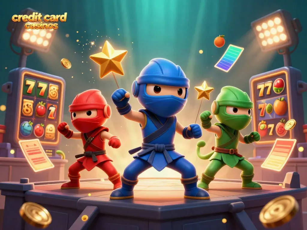 Experience thrilling action at credit card casinos with vibrant 3D ninjas showcasing martial arts amidst dynamic slot games.