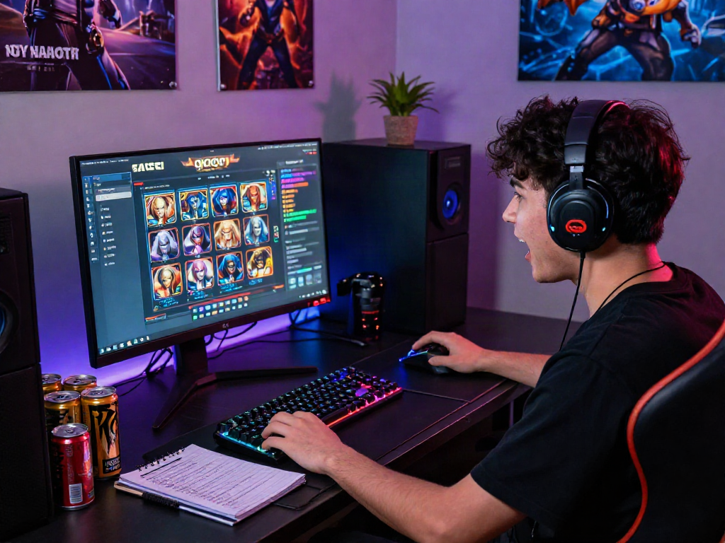 Player enjoying a thrilling slot gacor experience at a vibrant gaming setup with bright LEDs and strategy notes.