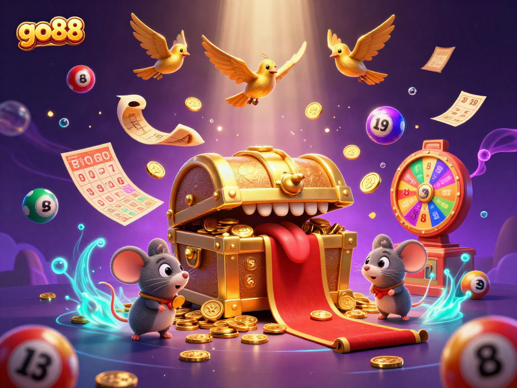 Experience the thrill of go88 gaming with colorful lottery elements and adventurous characters.