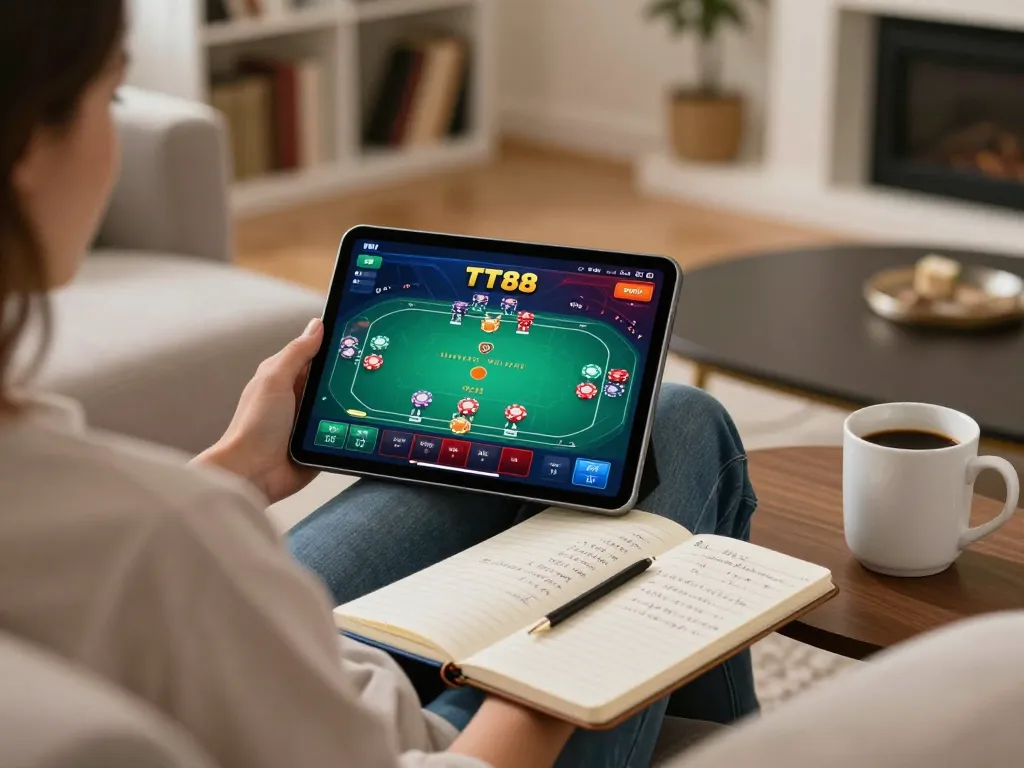 Engaging with poker gameplay at TT88 on a tablet in a cozy home setting.