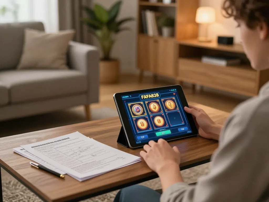 Engaging in online slot gaming with FAFA828 in a cozy home environment, showcasing strategy and comfort.