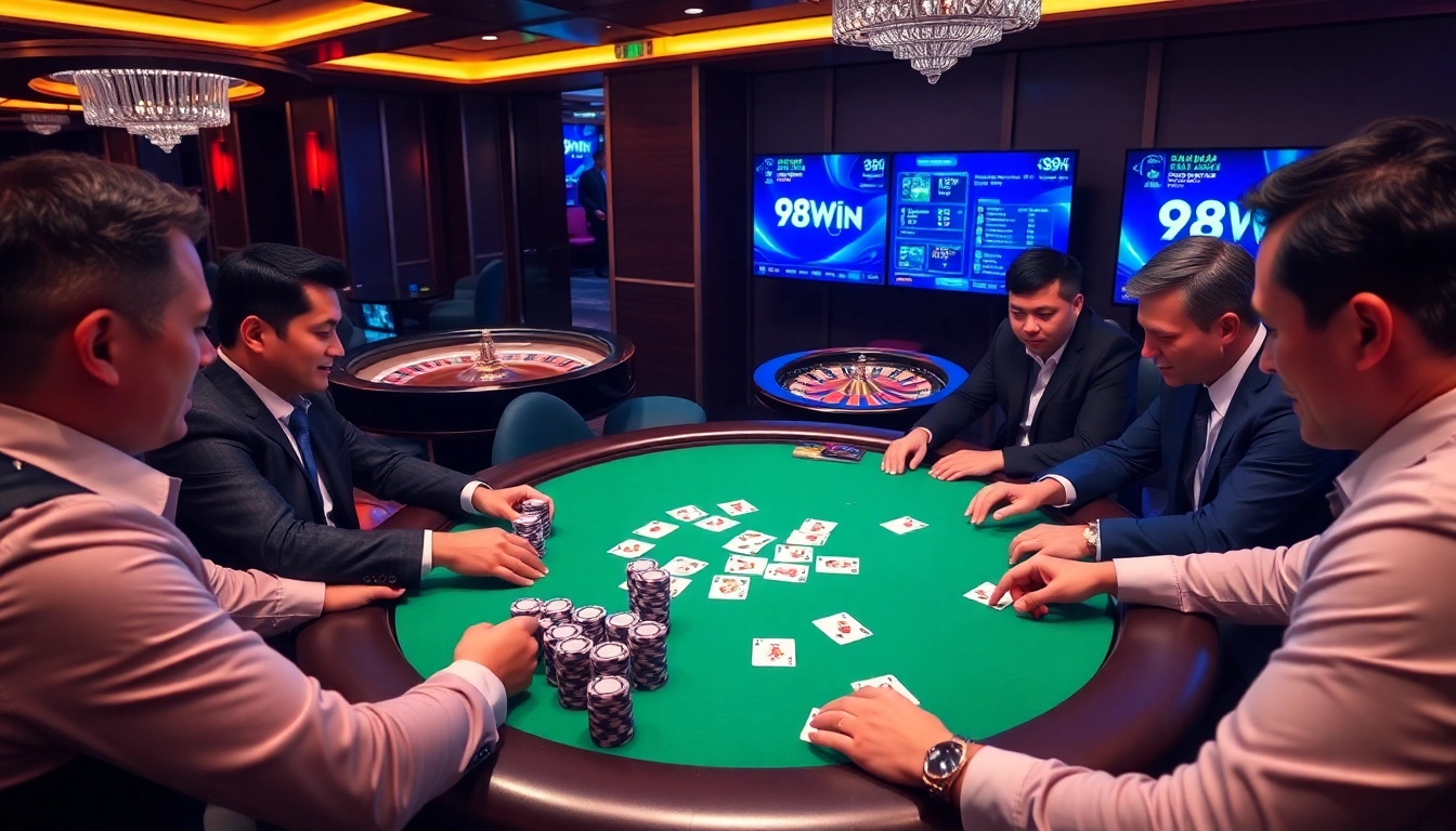 Players enjoying an exciting poker game at 98Win's luxurious casino.