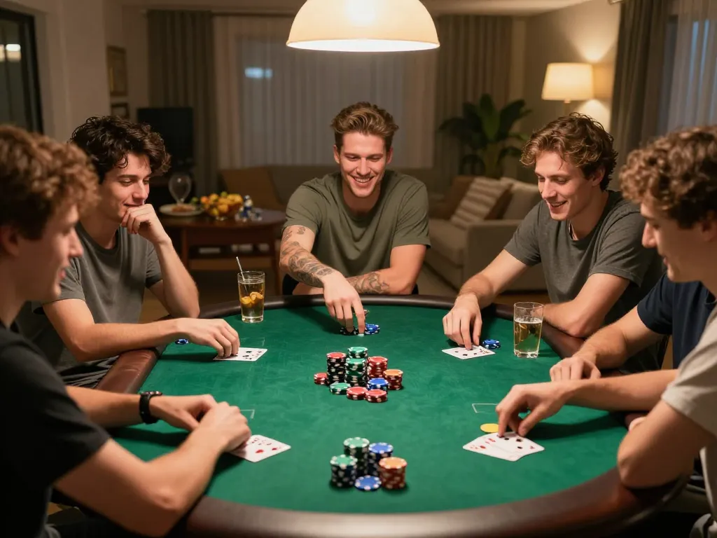 Link Alternatif Asialive88 home poker night with friends, vibrant atmosphere and competitive excitement.