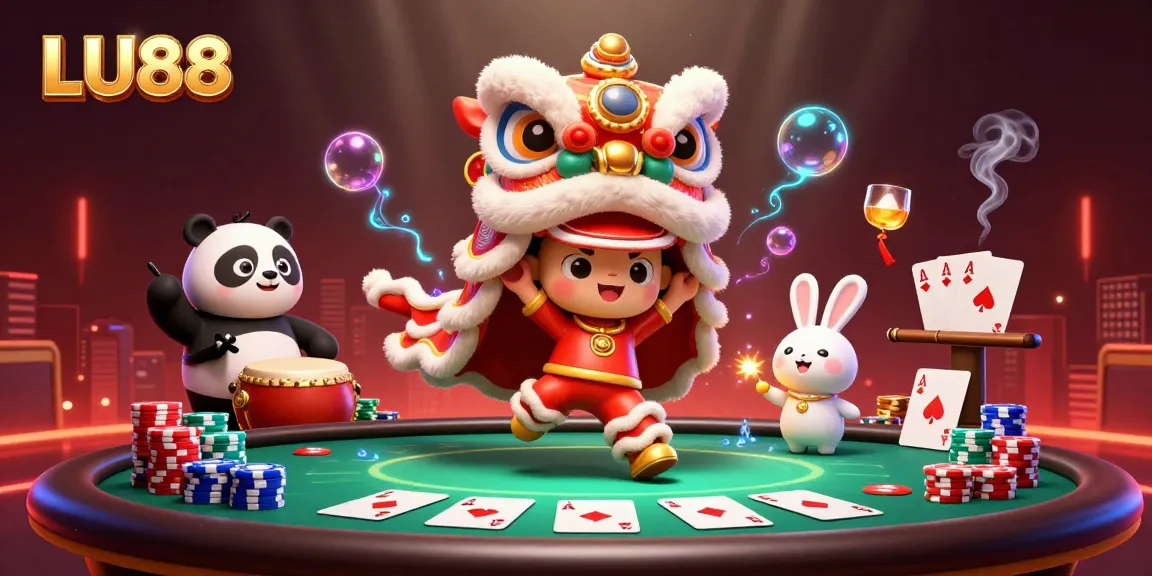 LU88 showcases a vibrant lion dance with poker elements, enhancing the gaming atmosphere.