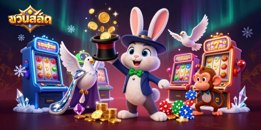 Engage with รวมสล็อต as a magician rabbit conjures coins, surrounded by sparkling slot machines.
