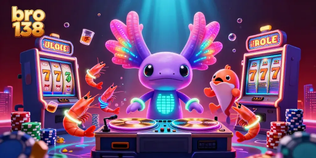 Experience lively slots action with bro 138's vibrant underwater casino scene featuring a DJ and playful sea creatures.