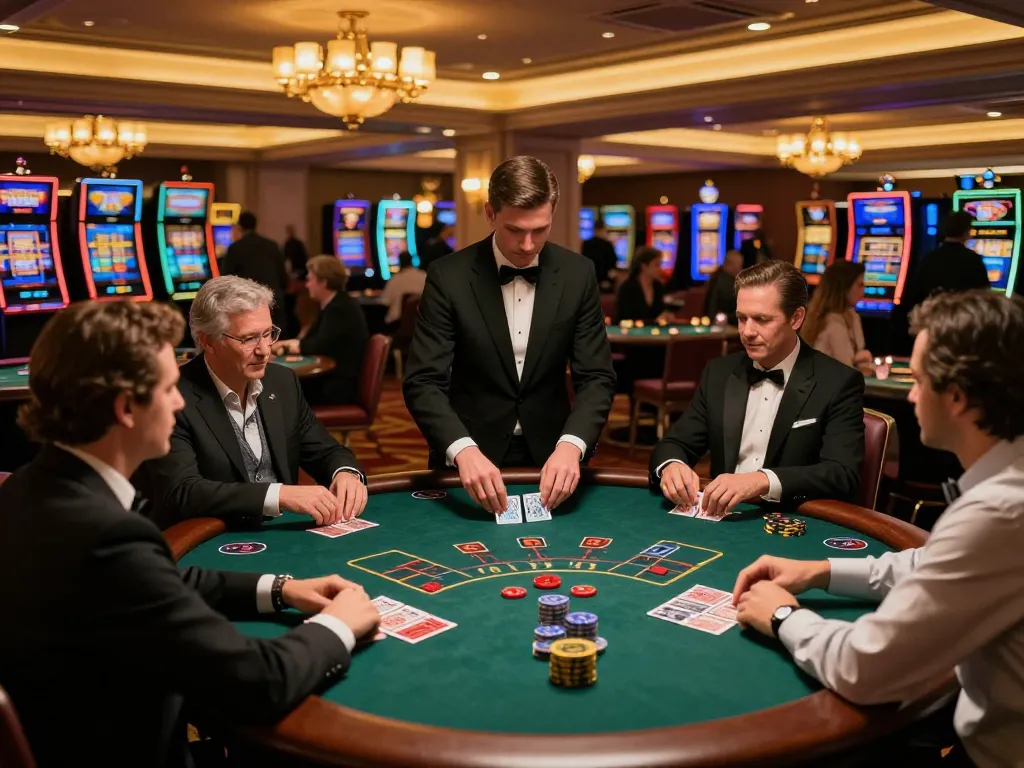 Players strategizing at a tg88 blackjack table in an upscale casino, dynamic atmosphere