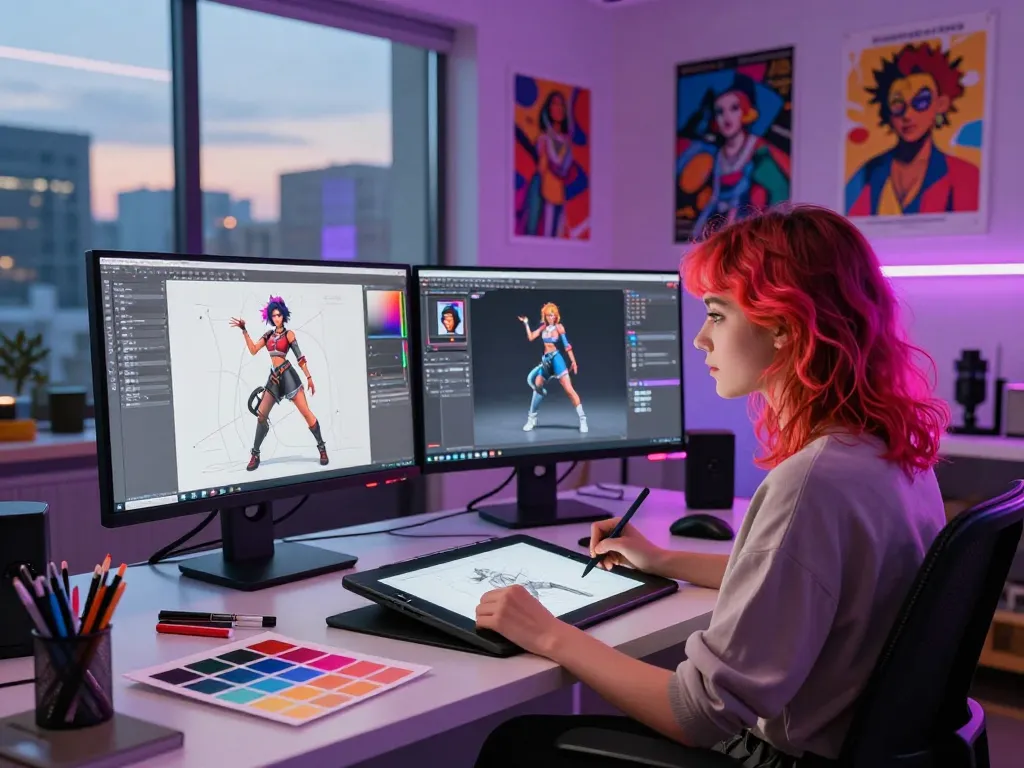 Designer creating captivating ai nsfw character art in a vibrant digital studio environment with neon lighting and multiple monitors.
