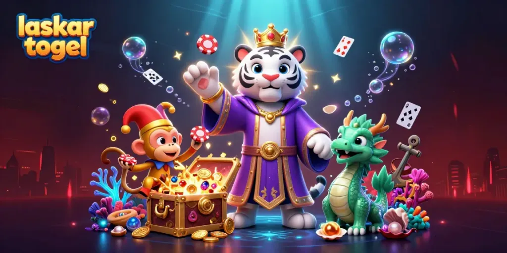Engage with Laskar Togel's vibrant 3D illustration showcasing a royal-themed tiger and playful characters in an underwater casino