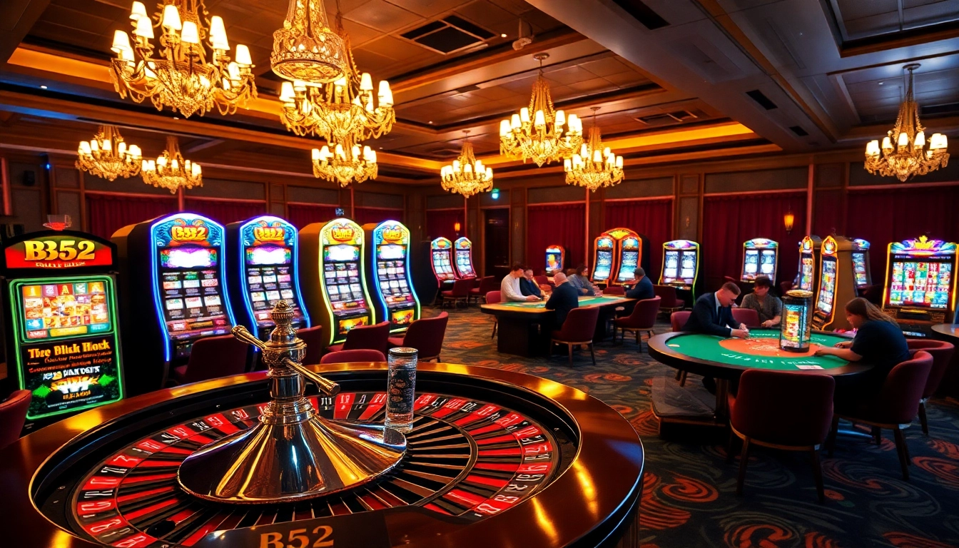 B52 casino scene with roulette wheel and vibrant slot machines enhancing gaming excitement.