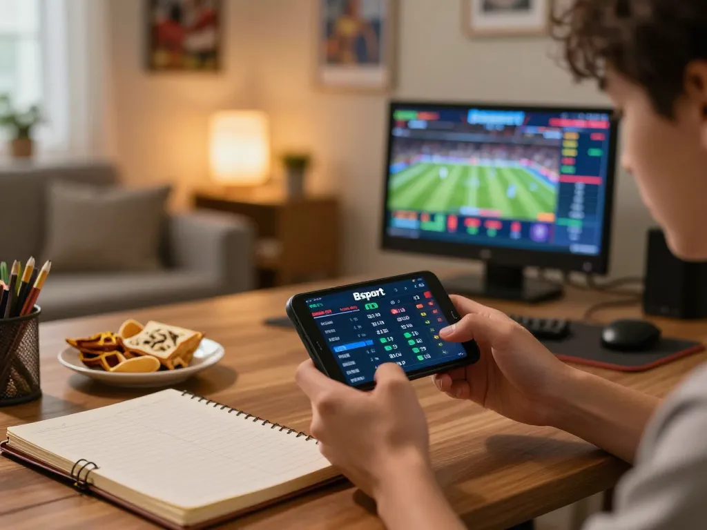 Betting excitement on Bsport during an online sports event, smartphone in hand, tracking live odds.