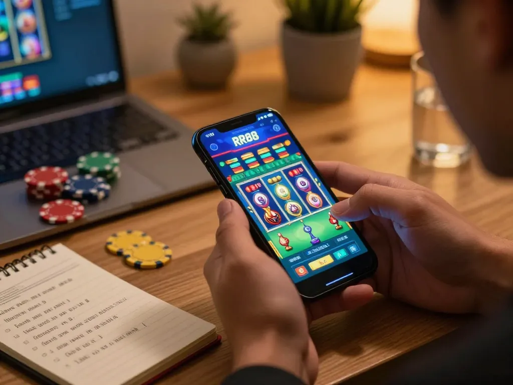 Player enjoying thrilling gaming action on RR88 app, showcasing vibrant slot graphics and responsible gaming practices