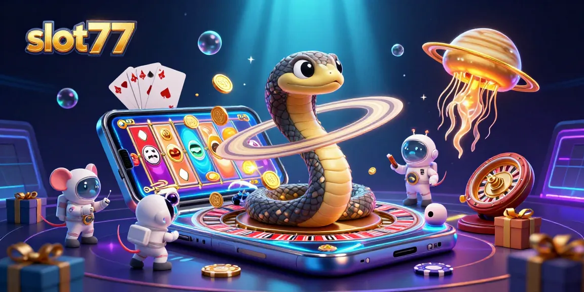 Spin to win with slot77's immersive cosmic casino adventure featuring vibrant 3D characters.