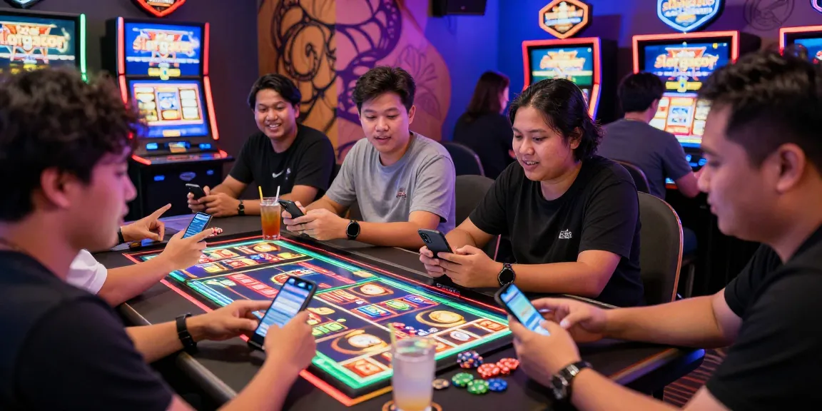 Exciting online gaming scene highlighting players enjoying slot gacor games on their smartphones in vibrant casino atmosphere.