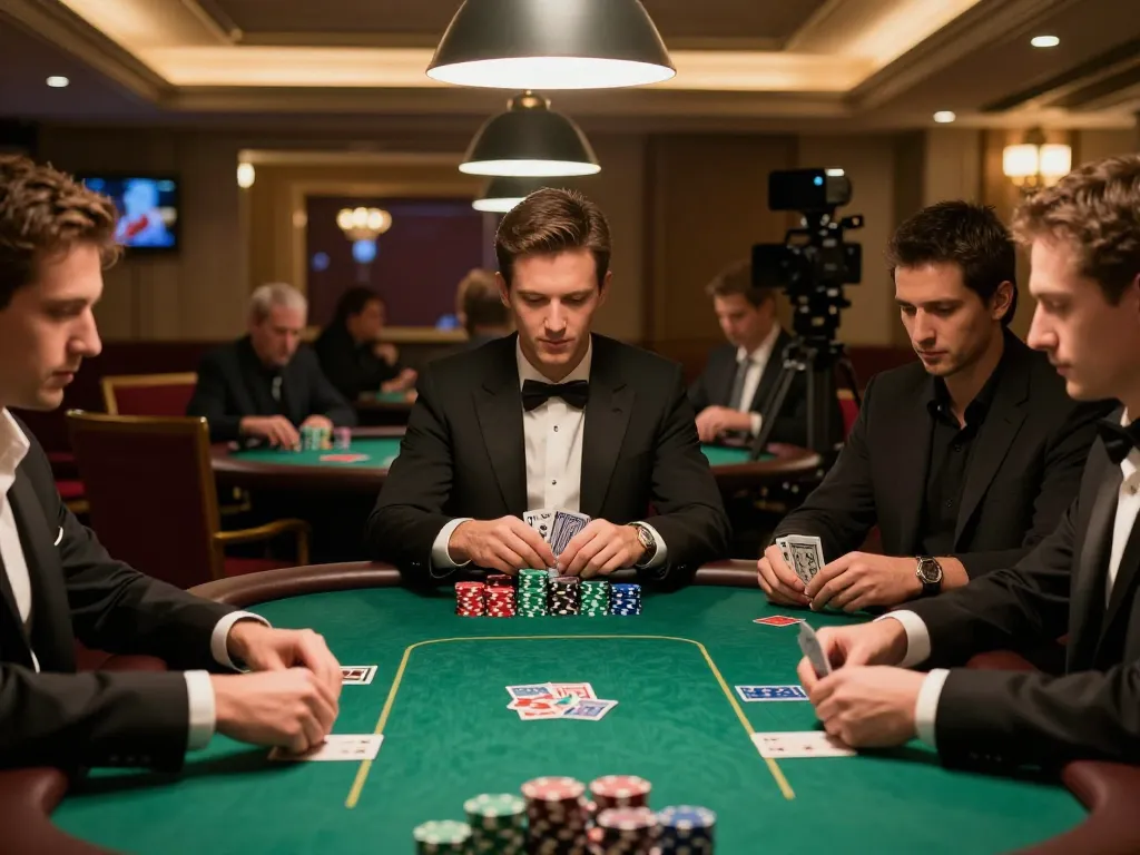bk8 players engaged in an upscale poker game at a luxurious table in an elegant casino.
